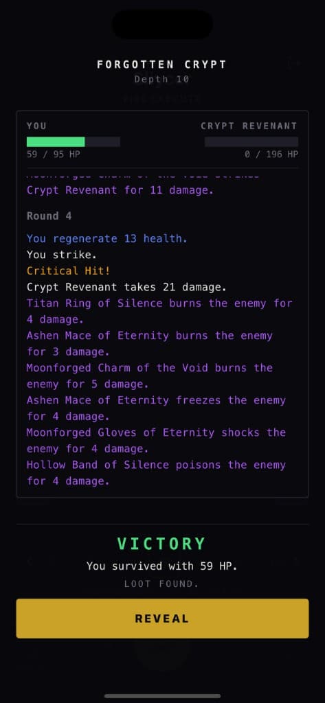 Combat screen showing a victory against a Crypt Revenant