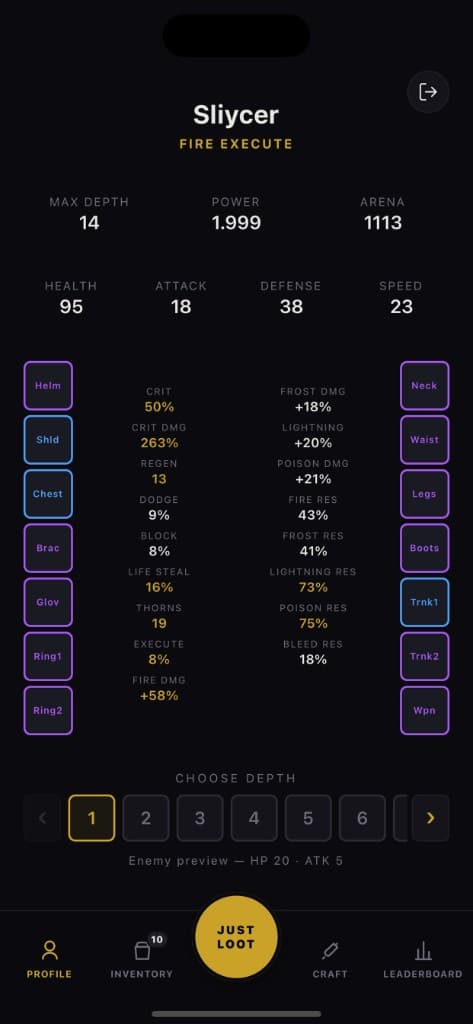 Character profile with equipped gear and stats